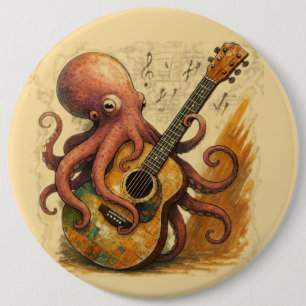 Macaron Rond 15,2 Cm Octopus Jouer Guitare Musique Vintage Art