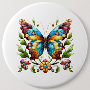 Macaron Rond 15,2 Cm Papillon en vitrail coloré avec fleurs