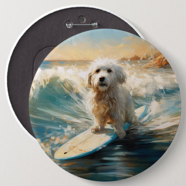 Macaron Rond 15,2 Cm Plage de Coton De Tulear Peinture de surf (Devant & derrière)