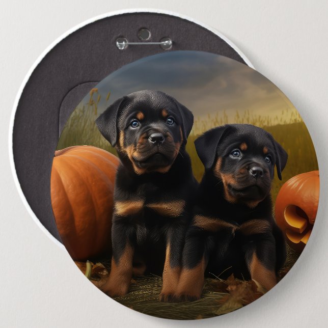 Macaron Rond 15,2 Cm Rottweiler Chiot Automne Citrouille de plaisir (Devant & derrière)