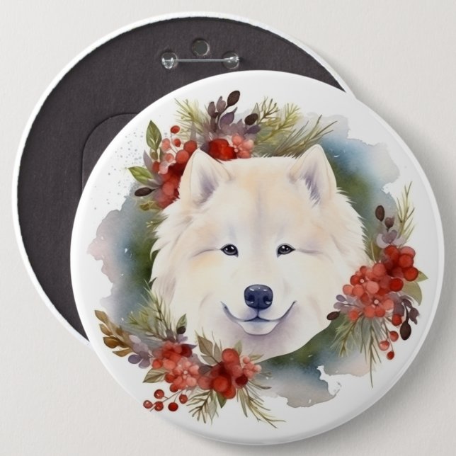 Macaron Rond 15,2 Cm Samoyed Christmas Wreath Festive Pup (Devant & derrière)
