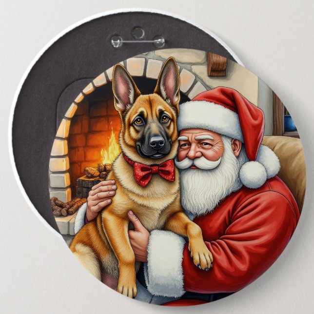 Macaron Rond 15,2 Cm Santa Claus Holding Belgian Malinois Christmas Art (Devant & derrière)