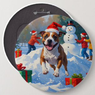 Macaron Rond 15,2 Cm Scène de neige festive de Noël avec un Bull Terrie