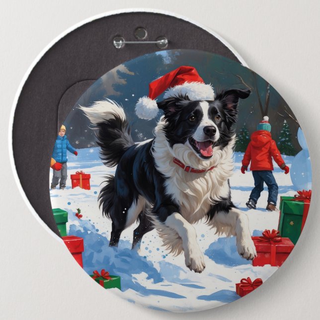 Macaron Rond 15,2 Cm Scène de Noël festive Border Collie dans la neige (Devant & derrière)