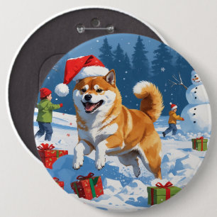Macaron Rond 15,2 Cm Shiba Inu coule en neige avec le Casquette de Noël