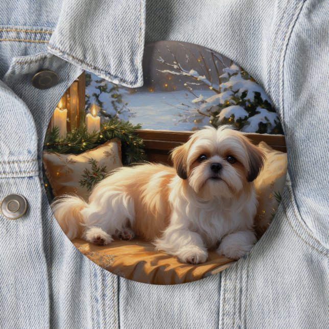 Macaron Rond 15,2 Cm Shih Tzu avec les lumières de Noël (En situation)
