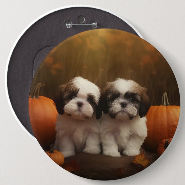 Macaron Rond 15,2 Cm Shih Tzu Puppy Automne Citrouille de plaisir (Devant & derrière)