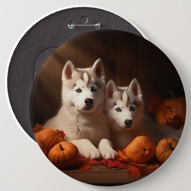 Macaron Rond 15,2 Cm Sibérie Husky Puppy Citrouille d'automne (Devant & derrière)