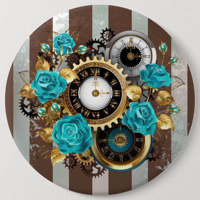 Macaron Rond 15,2 Cm Steampunk Clock and Turquoise Roses on Striped (Devant)