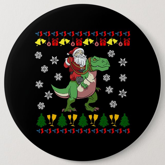 Macaron Rond 15,2 Cm TRex Père Noël Rider Noël Tyrannosaurus Dino (Devant)
