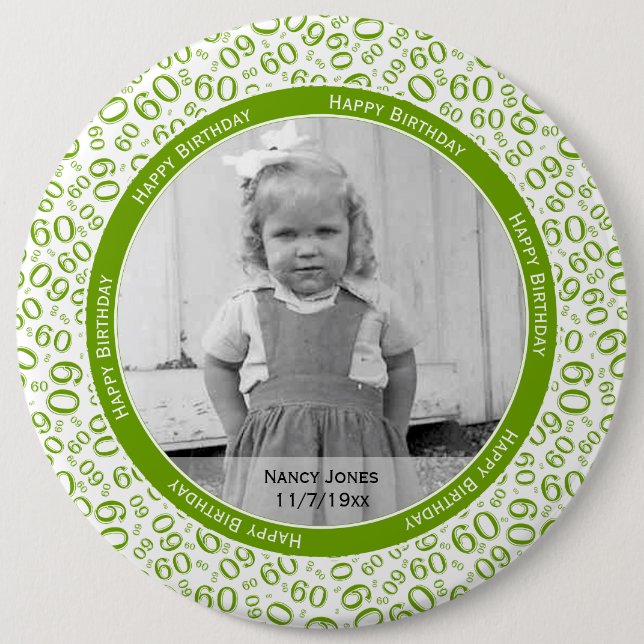 Macaron Rond 15,2 Cm Votre photo :  60e numéro Motif vert et blanc (Devant)