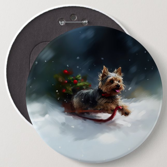 Macaron Rond 15,2 Cm Yorkshire Terrier Noël neige hiver (Devant & derrière)