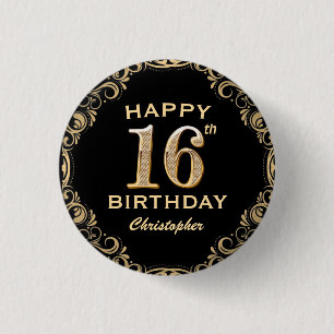 Macaron Rond 2,50 Cm 16e anniversaire de la Parties scintillant Noir et