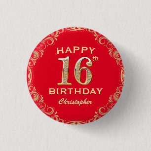 Macaron Rond 2,50 Cm 16e anniversaire Parties scintillant rouge et or c