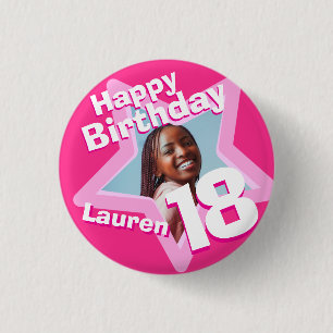 Macaron Rond 2,50 Cm 18e anniversaire photo fun hot rose bouton/badge