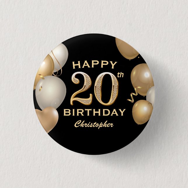 Macaron Rond 2,50 Cm 20e fête d'anniversaire Ballons Noir et Or (Devant)