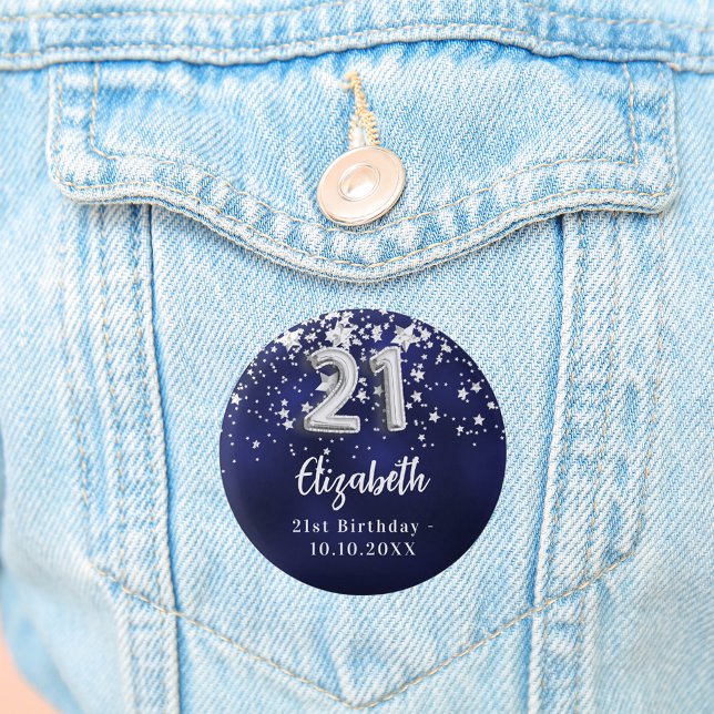 Macaron Rond 2,50 Cm 21e anniversaire marine bleu argent étoiles (Créateur téléchargé)