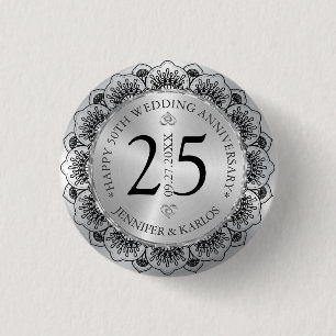 Macaron Rond 2,50 Cm 25e anniversaire du mariage dentelle noire et arge