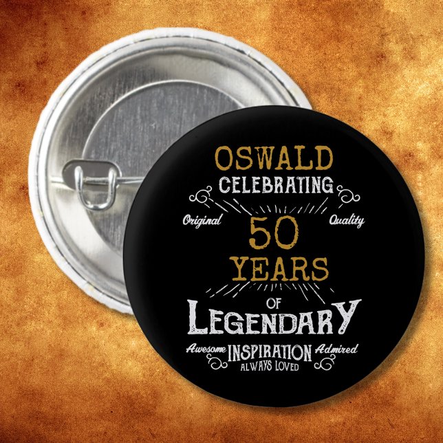 Macaron Rond 2,50 Cm 50e anniversaire Black Gold Legendary Retro (50th Birthday Black Gold Legendary Retro Button
)