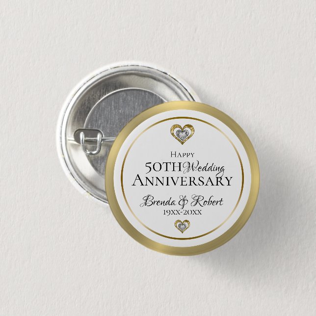 Macaron Rond 2,50 Cm 50e anniversaire du Mariage Or & Blanc (Devant & derrière)