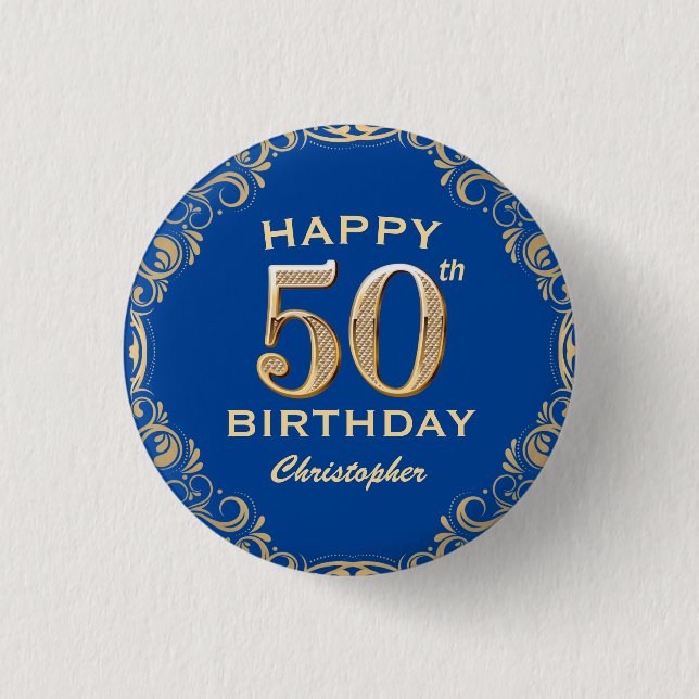 Macaron Rond 2,50 Cm 50e anniversaire Parties scintillant marine bleu e (Devant)