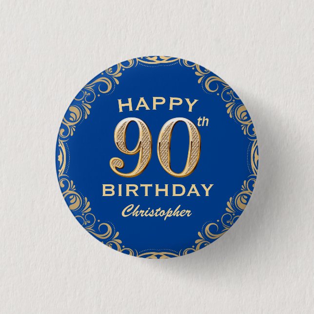 Macaron Rond 2,50 Cm 90e anniversaire de la Parties scintillant marine  (Devant)