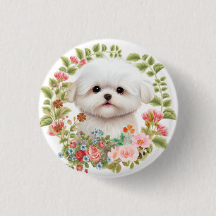 Macaron Rond 2,50 Cm adorable chiot maltais en fleur, Amoureux des chie