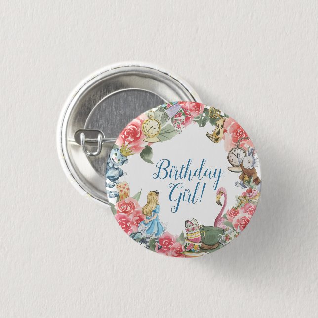 Macaron Rond 2,50 Cm Alice dans l'Onederland Bouton fille d'anniversair (Devant & derrière)
