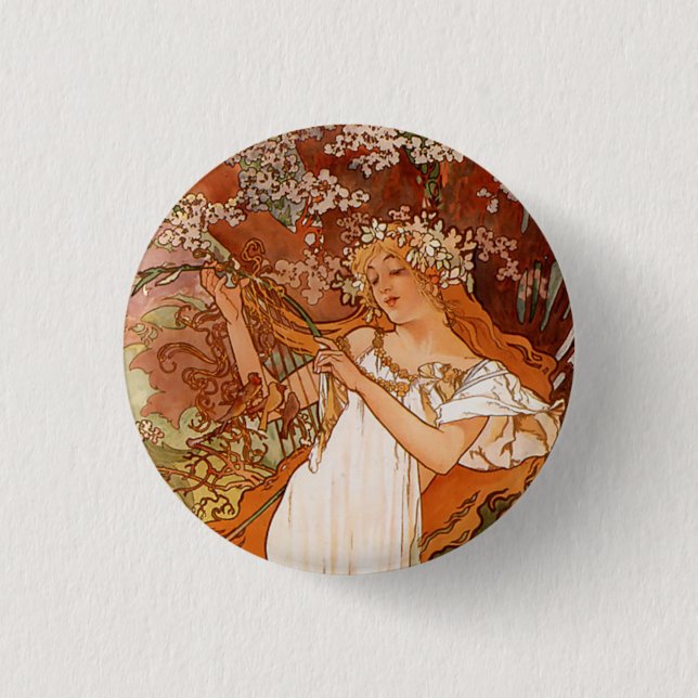 Macaron Rond 2,50 Cm Alphonse Mucha, Quatre Saisons, Printemps (Devant)