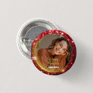 Macaron Rond 2,50 Cm Anniversaire Moderne Photo Nom Rouge et Or Paillet