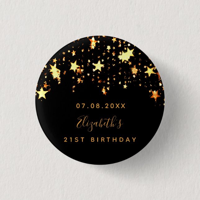 Macaron Rond 2,50 Cm Anniversaire noir étoiles or personnalisé monogram (Devant)