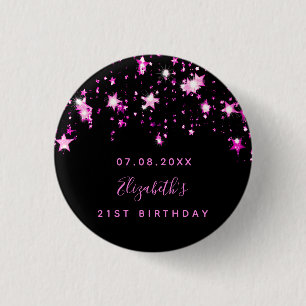 Macaron Rond 2,50 Cm Anniversaire noir rose étoiles nom
