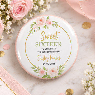 Macaron Rond 2,50 Cm Anniversaire Sweet Sixteen écriture Florale Or
