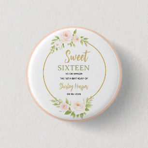 Macaron Rond 2,50 Cm Anniversaire Sweet Sixteen écriture Florale Or