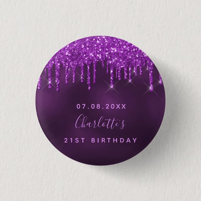 Macaron Rond 2,50 Cm Anniversaire violet parties scintillant gouttes no (Devant)