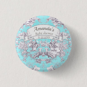 Macaron Rond 2,50 Cm Aqua vintage fleuri bleu toile de jouy monogramme