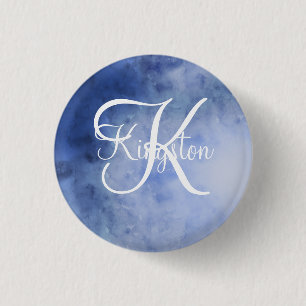 Macaron Rond 2,50 Cm Aquarelle bleue et blanche monogrammée