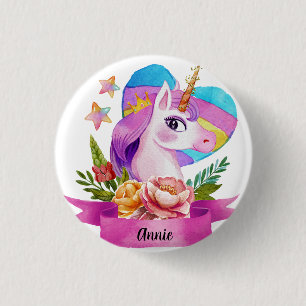Macaron Rond 2,50 Cm Aquarelle Cute Unicorn Coeur Nom personnalisé