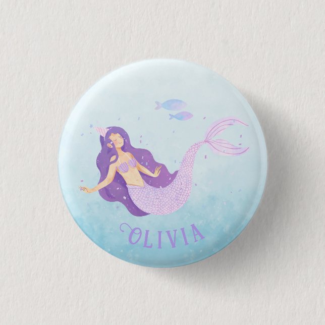 Macaron Rond 2,50 Cm Aquarelle de sirène mauve mauve fille Anniversaire (Devant)
