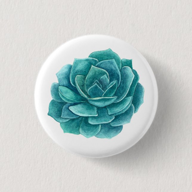 Macaron Rond 2,50 Cm Aquarelle fleurie succulent. cactus bleu turquoise (Devant)