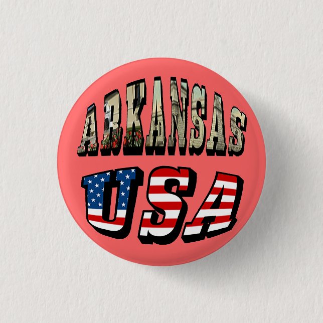 Macaron Rond 2,50 Cm Arkansas Picture et USA Flag Text (Devant)