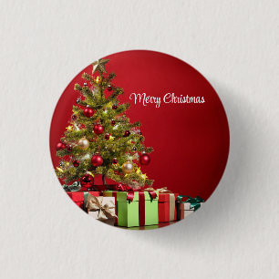 Macaron Rond 2,50 Cm Arrière - plan Rouge Avec Arbre De Noël Décoratif