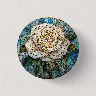 Macaron Rond 2,50 Cm Art de vitrail détaillé de la belle rose blanche