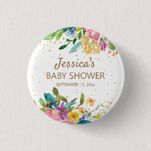 Macaron Rond 2,50 Cm Baby Shower Fleurs Rose Bleu Jaune Paillettes Doré