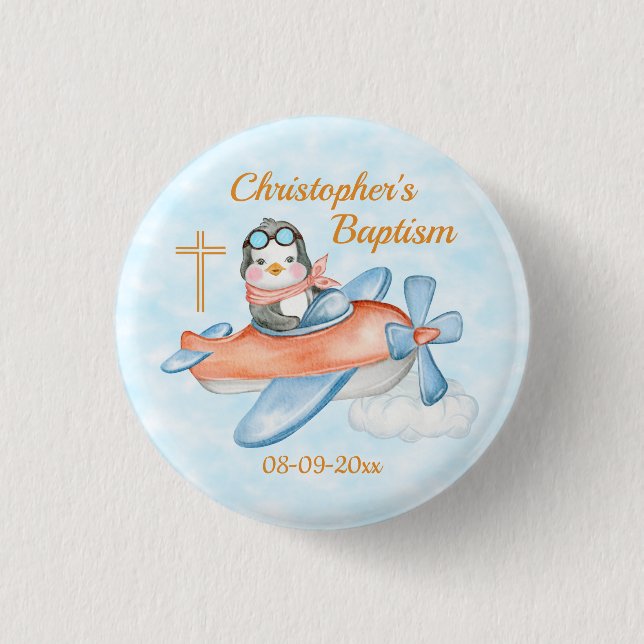Macaron Rond 2,50 Cm Baptême Aquarelle Bébé Penguin avion personnalisé (Devant)