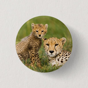 Macaron Rond 2,50 Cm Bébé guépard et parent dans l'herbe
