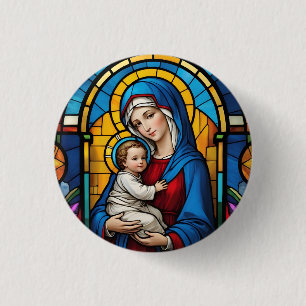 Macaron Rond 2,50 Cm Bienheureuse Mère Marie et Bébé Jésus - Vierge Mar