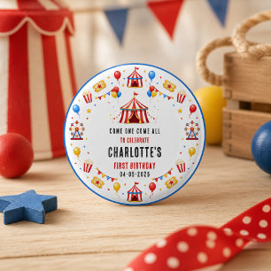Macaron Rond 2,50 Cm Billet de cirque rouge moderne pour 1er anniversai