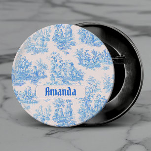 Macaron Rond 2,50 Cm Bleu Turquoise Vintage Monogramme Toile de Jouy Fr