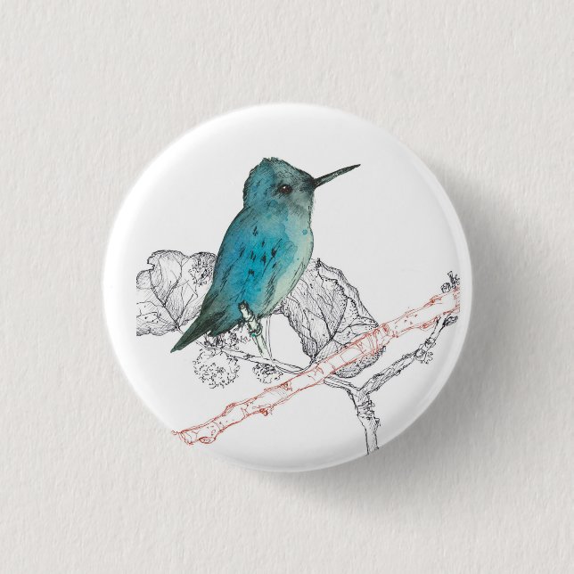 Macaron Rond 2,50 Cm Blue Hummingbird Branches Aquarelle (Devant)